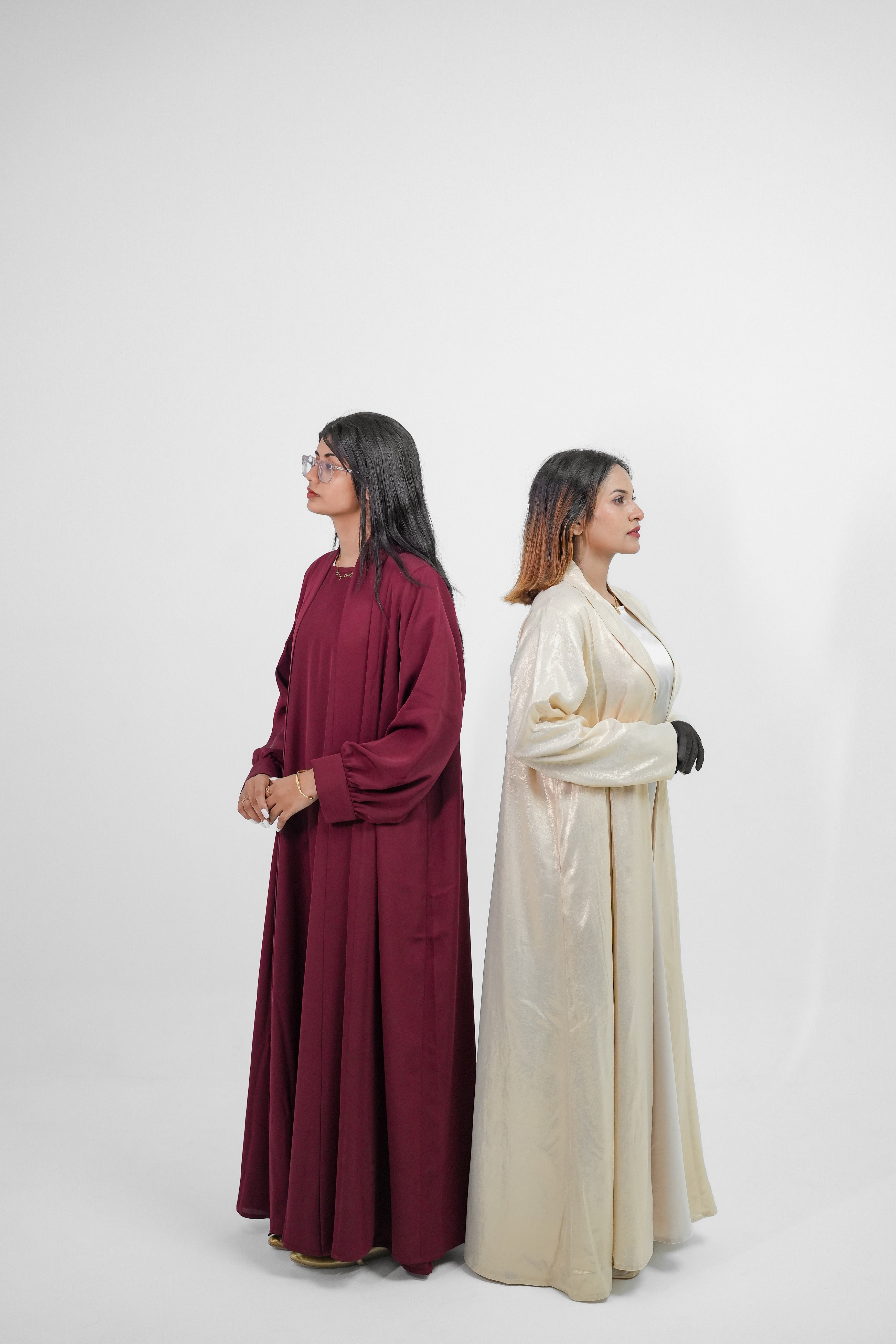 Burgundy Wrap Abaya with white abaya - YAARA