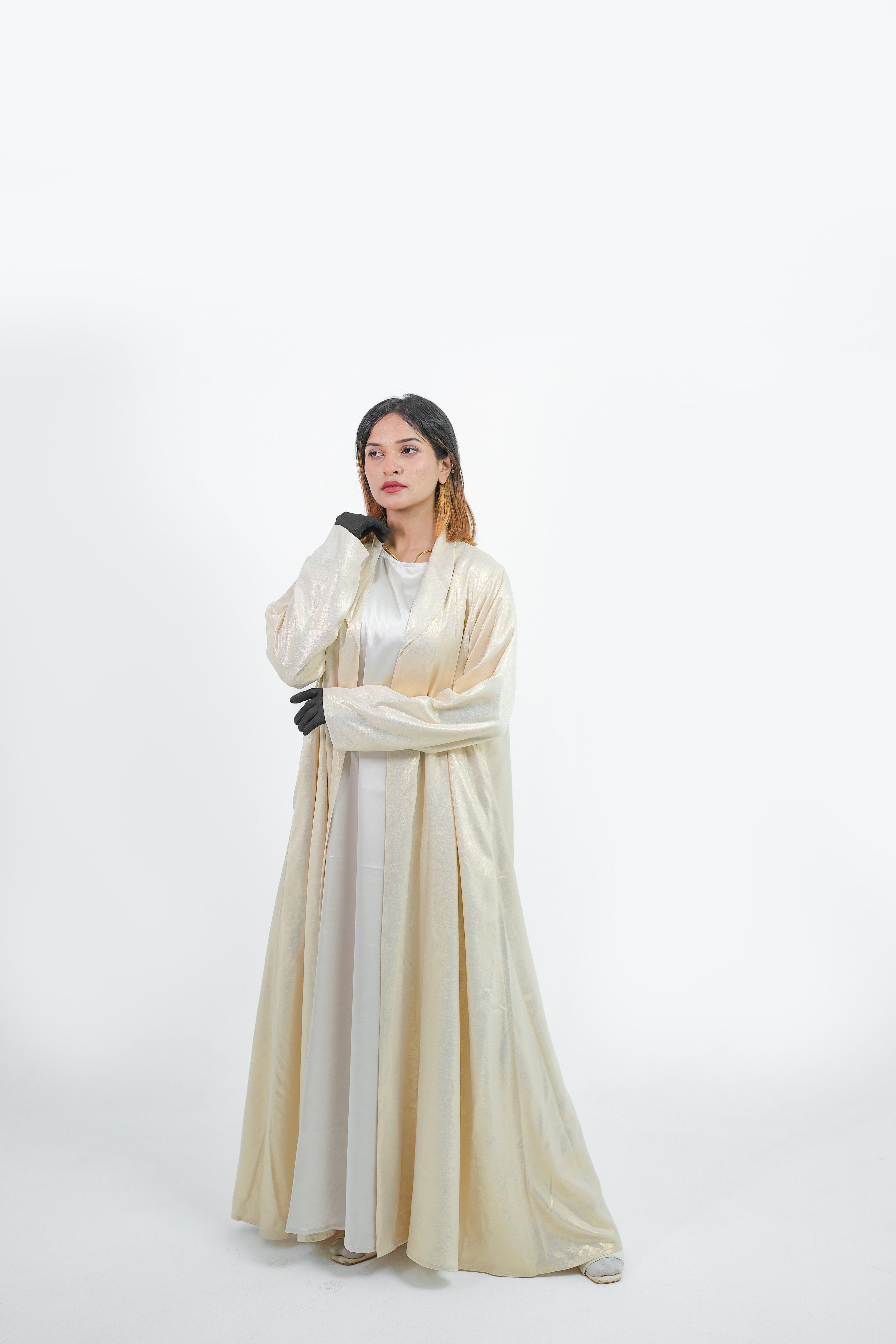 Pearl Shimmer Open Abaya front view - YAARA