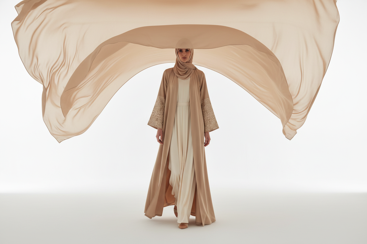 Elegant beige abaya with embroidered sleeves - YAARA modest fashion
